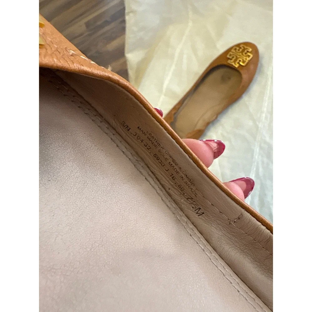 Tory Burch Minnie Travel Ballet Flats Tan Leather Gold Logo 50393 Size 7.5M